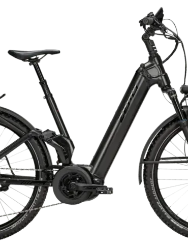 ZEMO SU-E FS 11 E-Bike in schwarzer Ausführung, seitlich fotografiert, mit Vollfederung und Gepäckträger