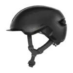 Seitenansicht des schwarzen Abus Hud-Y Fahrradhelms mit Visier und integriertem Rücklicht