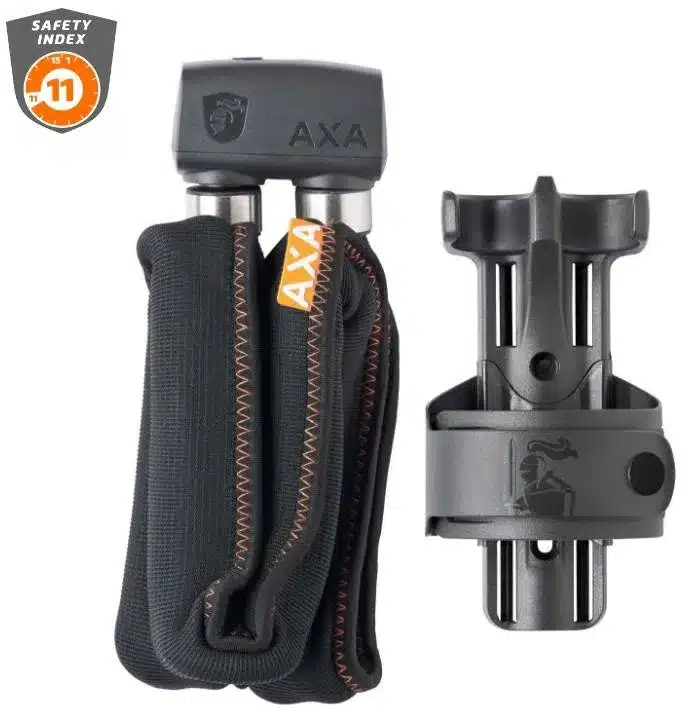 AXA Faltschloss mit Sicherheitssiegel (Index 11) und dazugehöriger Rahmenhalterung, bereit zur Montage.