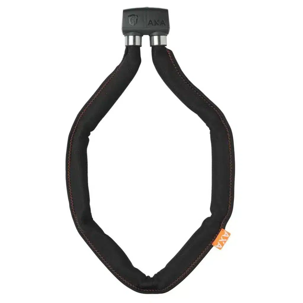 AXA Faltschloss 1000 ART-2, ein schwarzes Faltschloss mit silbernen Verbindungen und dem AXA-Logo.