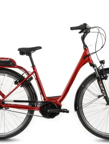 Seitenansicht eines roten Böttcher Glider X Active 28 E-Bikes mit Gepäckträger und Bosch Akku.