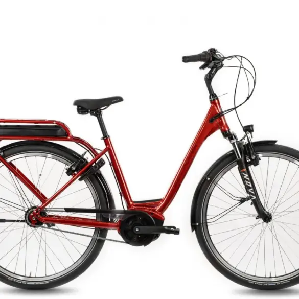 Seitenansicht eines roten Böttcher Glider X Active 28 E-Bikes mit Gepäckträger und Bosch Akku.