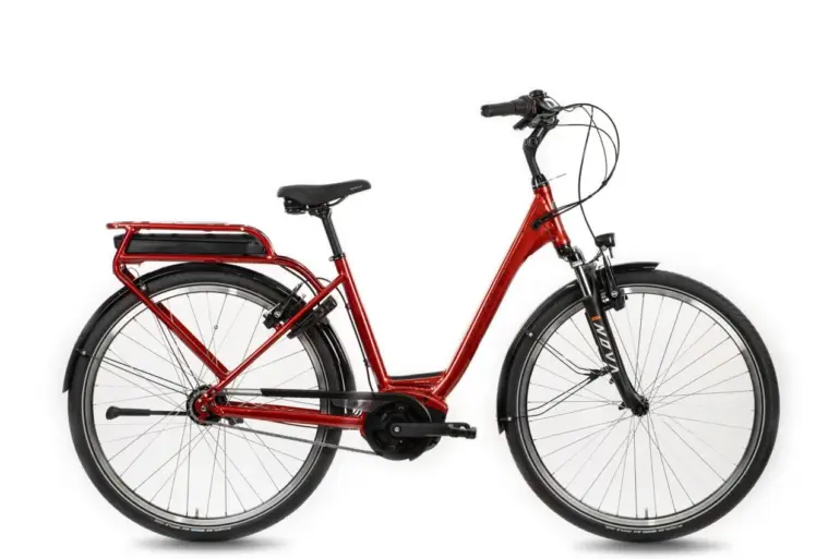 Seitenansicht eines roten Böttcher Glider X Active 28 E-Bikes mit Gepäckträger und Bosch Akku.