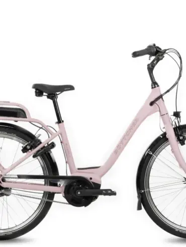Rosa Böttcher Glider X Active E-Bike mit Bosch Smart System, 26-Zoll-Rädern und integriertem Gepäckträger, auf weißem Hintergrund.