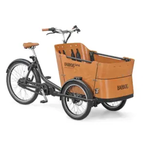 Babboe Curve E-Lastenrad mit großer Holz-Transportbox und drei Rädern