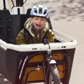 Kind mit Helm sitzt in der Transportbox eines Bergamont E-Cargoville LJ Elite Lastenrads