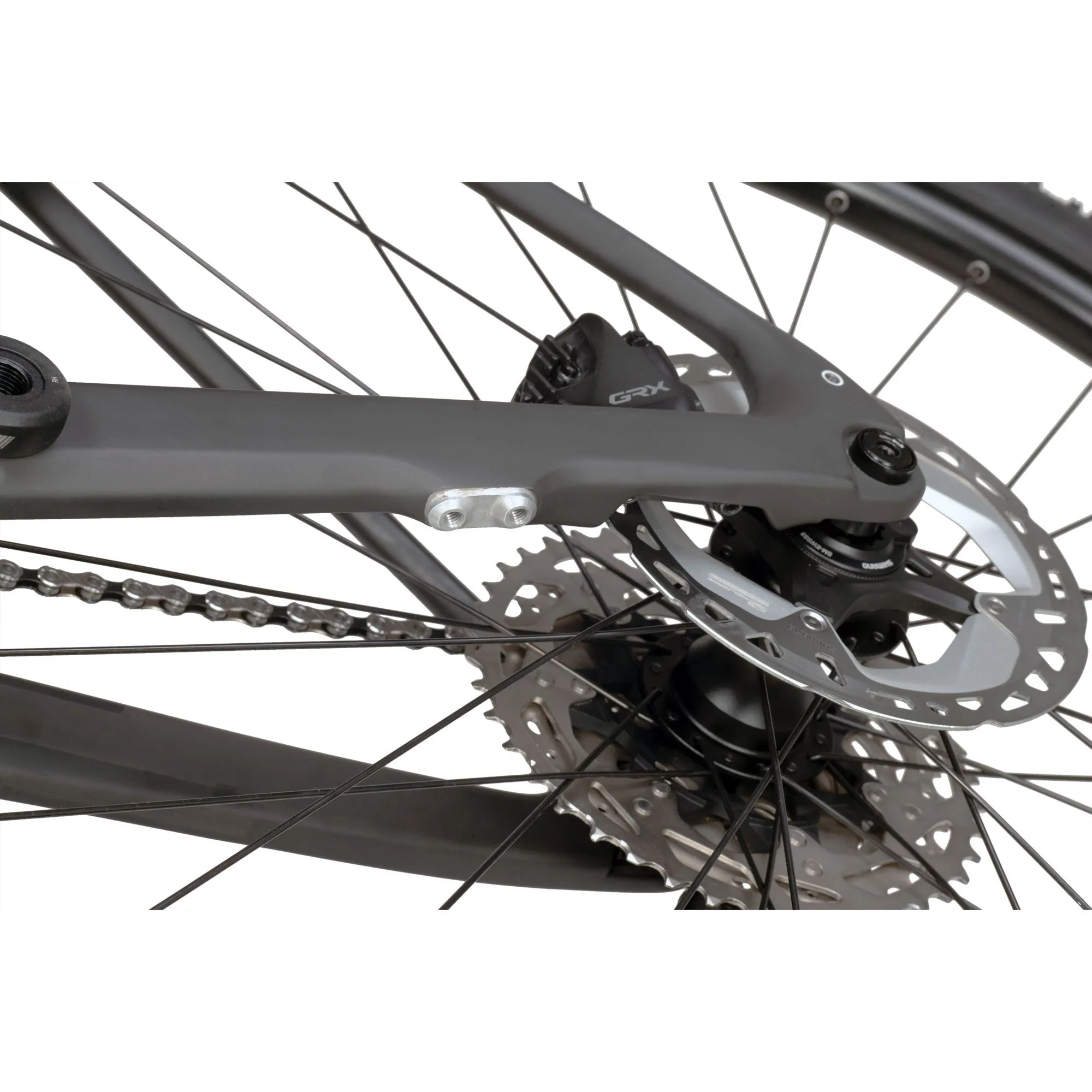 Nahaufnahme der Shimano GRX Scheibenbremse, Kassette und Hinterrad am Bergamont E-Grandurance Elite E-Gravel-Bike