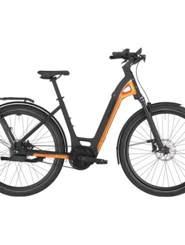 Bergamont E-Ville 10 Belt E-Bike in Seitenansicht mit tiefem Einstieg und auffälligem Rahmen in Schwarz und Gelb