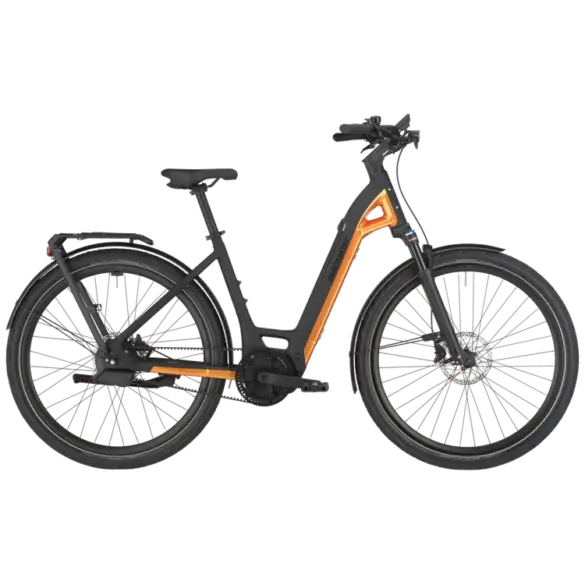 Bergamont E-Ville 10 Belt E-Bike in Seitenansicht mit tiefem Einstieg und auffälligem Rahmen in Schwarz und Gelb