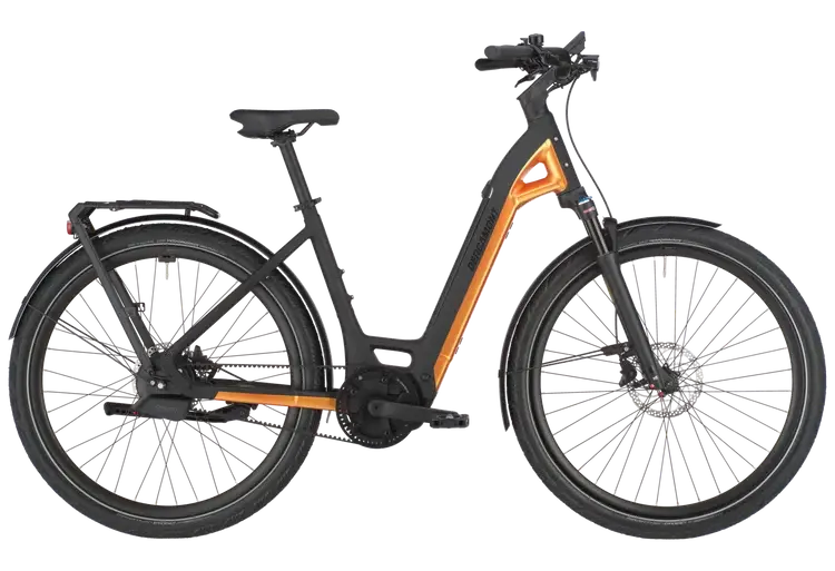 Bergamont E-Ville 10 Belt E-Bike in Seitenansicht mit tiefem Einstieg und auffälligem Rahmen in Schwarz und Gelb