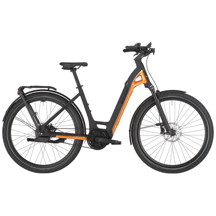 Bergamont E-Ville 10 Belt E-Bike in Seitenansicht mit tiefem Einstieg und auffälligem Rahmen in Schwarz und Gelb