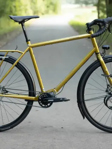 Ein goldfarbenes Blueridge Reiserad mit montierten Gepäckträgern vorne und hinten, Schutzblechen und einem Gates Carbon Drive Riemenantrieb, das auf einem asphaltierten Weg mit einer verschwommenen Baumkulisse steht.