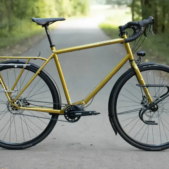 Ein goldfarbenes Blueridge Reiserad mit montierten Gepäckträgern vorne und hinten, Schutzblechen und einem Gates Carbon Drive Riemenantrieb, das auf einem asphaltierten Weg mit einer verschwommenen Baumkulisse steht.