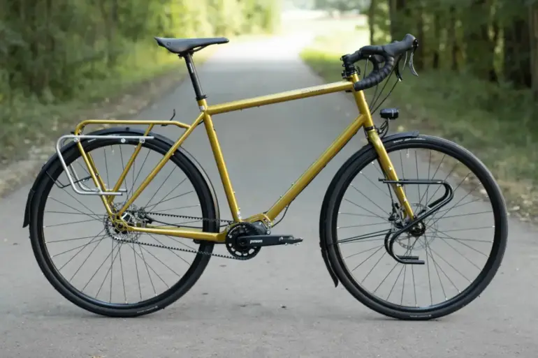 Ein goldfarbenes Blueridge Reiserad mit montierten Gepäckträgern vorne und hinten, Schutzblechen und einem Gates Carbon Drive Riemenantrieb, das auf einem asphaltierten Weg mit einer verschwommenen Baumkulisse steht.