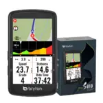 Bryton Rider S810 GPS-Fahrradcomputer vor seiner Verpackung mit Navigationsanzeige auf dem Display