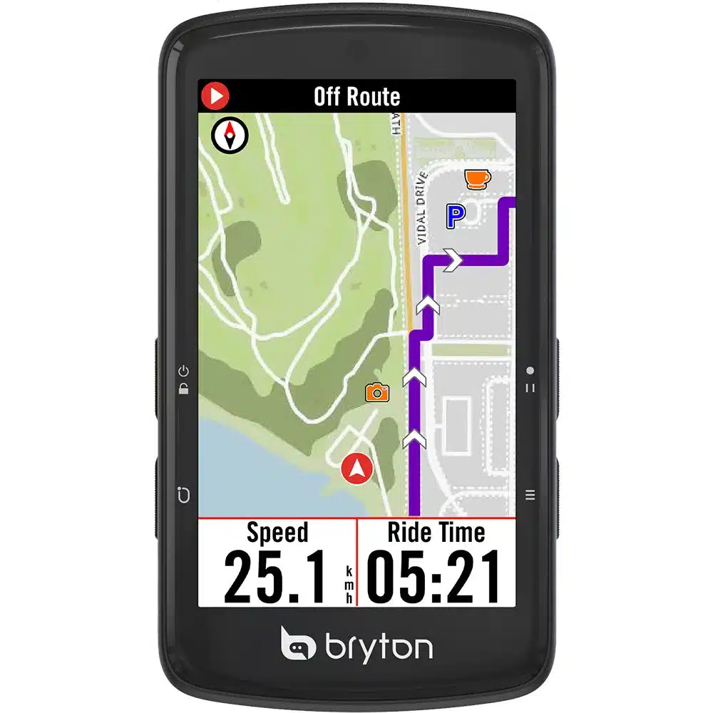 Bryton Rider S810 GPS-Fahrradcomputer mit Navigationsanzeige und Leistungsdaten auf dem Display