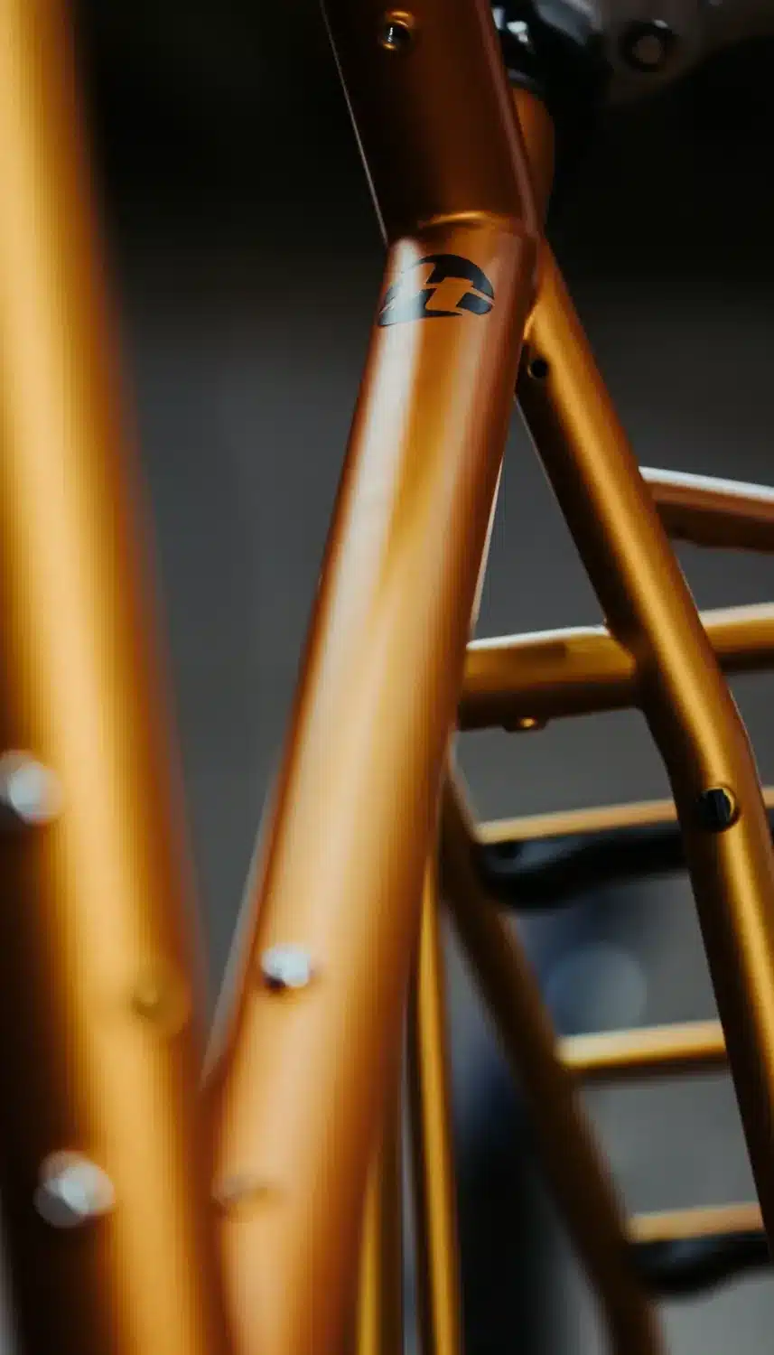 Detail des Rahmens eines orangefarbenen Fahrrads mit dem Logo des Herstellers.