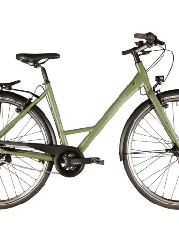 Seitenansicht eines Khaki-farbenen Citybikes (Modell: City Lite 2) mit Gepäckträger, Schutzblechen, Nabendynamo und Beleuchtung, stehend vor weißem Hintergrund.