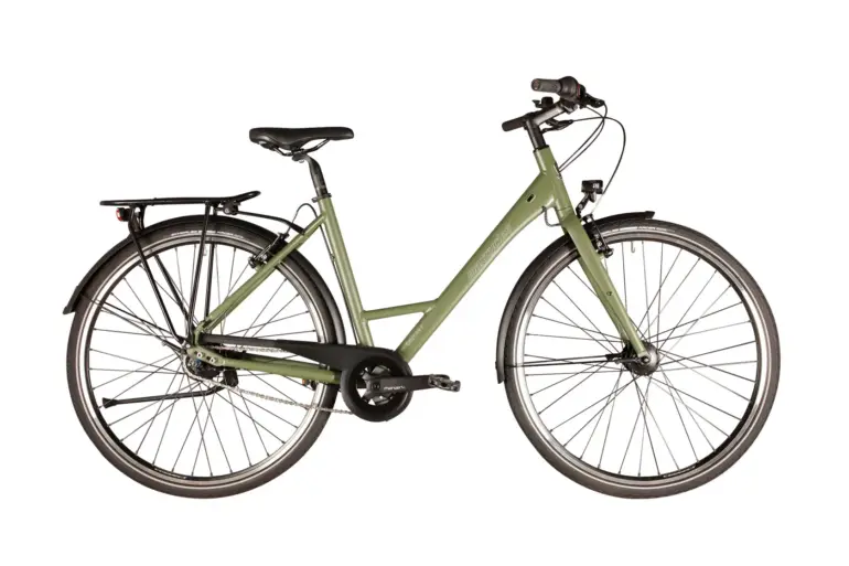 Seitenansicht eines Khaki-farbenen Citybikes (Modell: City Lite 2) mit Gepäckträger, Schutzblechen, Nabendynamo und Beleuchtung, stehend vor weißem Hintergrund.