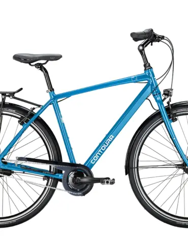 Blaues Contoura AL-2 Fahrrad mit Gepäckträger und Schutzblechen, fotografiert vor weißem Hintergrund.