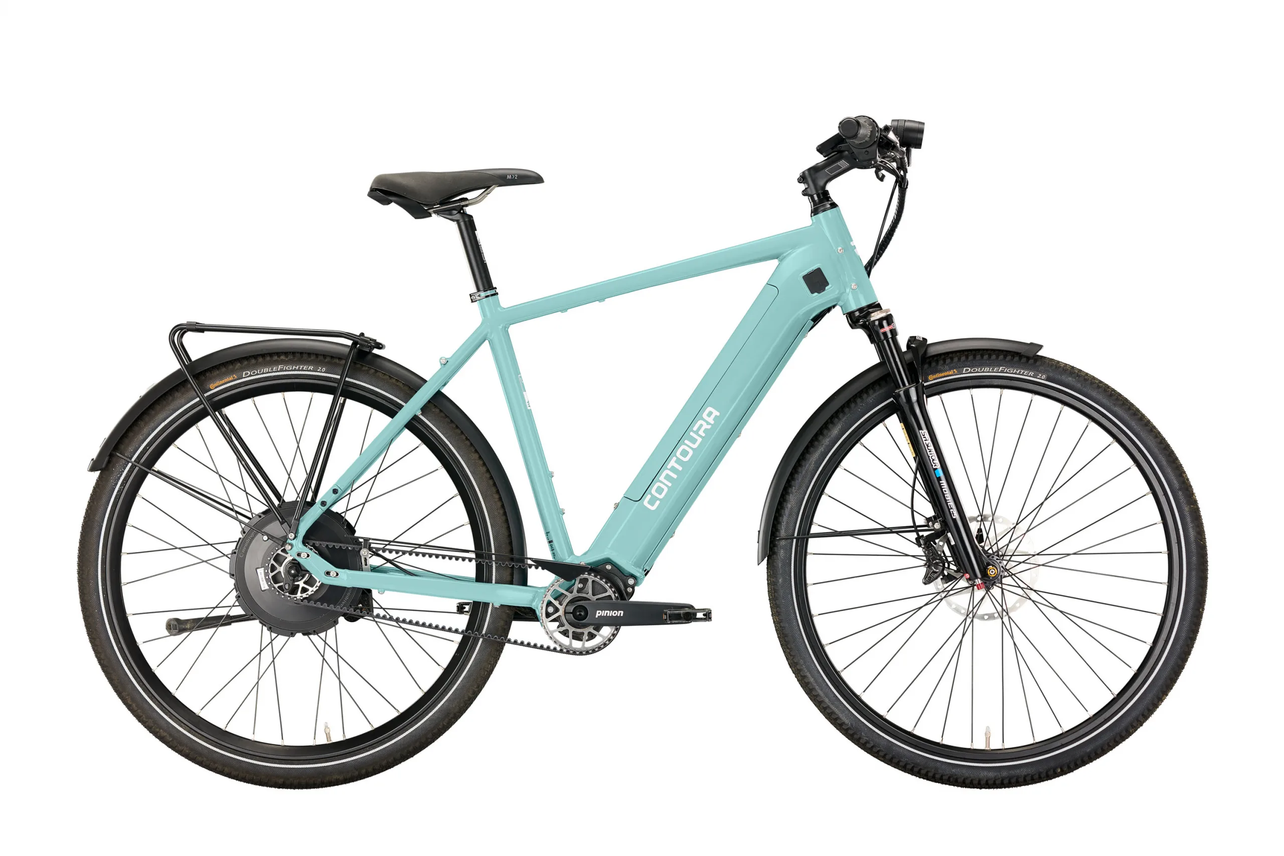 Hellblaues Contoura Li-16 E-Bike mit Gepäckträger und Vollfederung, Seitenansicht.