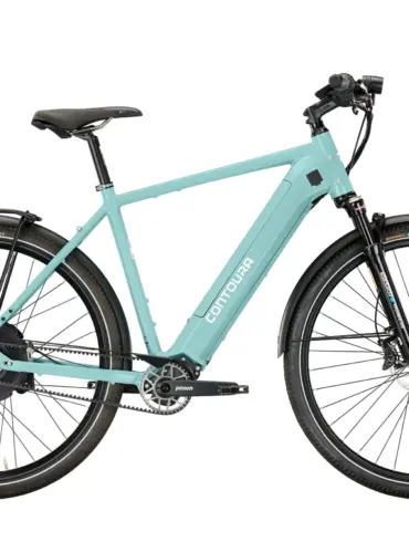 Eine Seitenansicht eines mintgrünen Contoura Li-16 E-Bikes mit Gepäckträger, Schutzblechen und integriertem Akku.