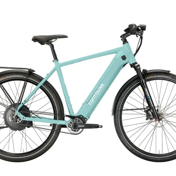 Eine Seitenansicht eines mintgrünen Contoura Li-16 E-Bikes mit Gepäckträger, Schutzblechen und integriertem Akku.