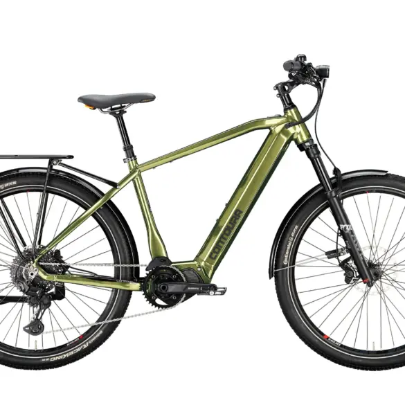 Grünes Contoura Li-8 E-Bike mit Shimano EP-8 Motor, 630-Wh-Akku und Continental Race King Reifen.