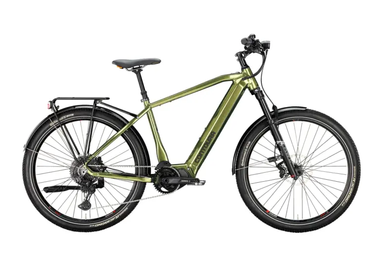 Grünes Contoura Li-8 E-Bike mit Shimano EP-8 Motor, 630-Wh-Akku und Continental Race King Reifen.