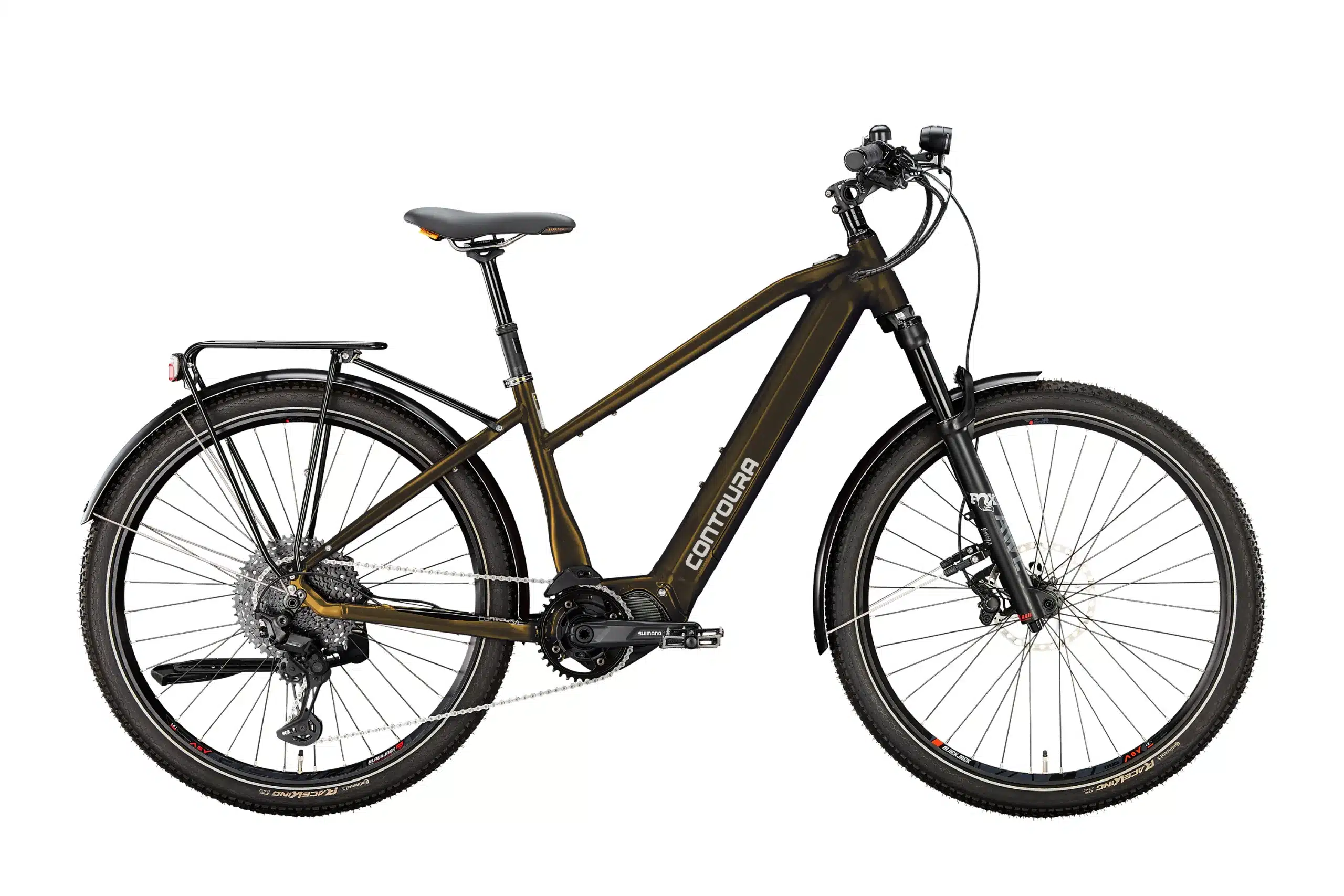 Seitenansicht eines Contoura Li-8 E-Bikes in braun-metallischer Farbe mit schwarzer Federgabel und schwarzen Schutzblechen.