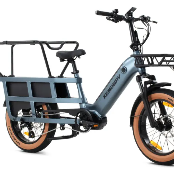 Kemoway E-Lastenrad P7 mit großem hinteren Gepäckträger und Frontkorb, Seitenansicht auf weißem Hintergrund