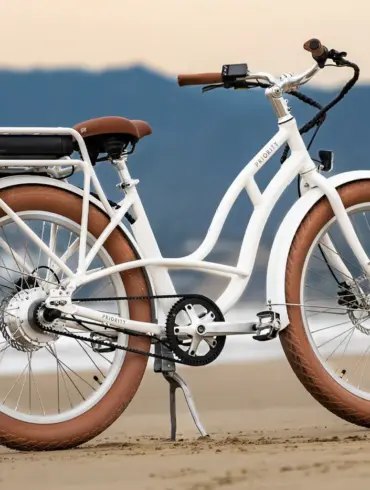 Ein weißes Priority E-Coast Elektrofahrrad mit breiten braunen Reifen und braunem Sattel steht auf Sand am Meer.