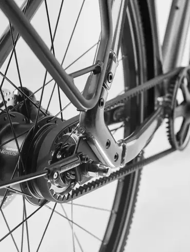 Detailaufnahme des Antriebsstrangs eines Diamant Mahon Style Plus Fahrrads, Fokus auf die Shimano Nexus 8-Gang Nabenschaltung und den Gates CenterTrack Riemenantrieb, inklusive Kassette und Bremsscheibe.