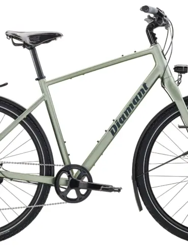 Grünes Trekkingrad der Marke Diamant mit Gepäckträgern vorne und hinten, Scheibenbremsen und breiten Reifen, Modell Mahon World.