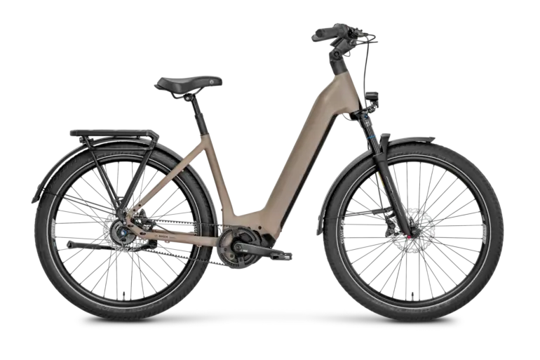 ROSE Mayor Plus 2 LowStep E-Bike in sandfarbener Ausführung, Seitenansicht