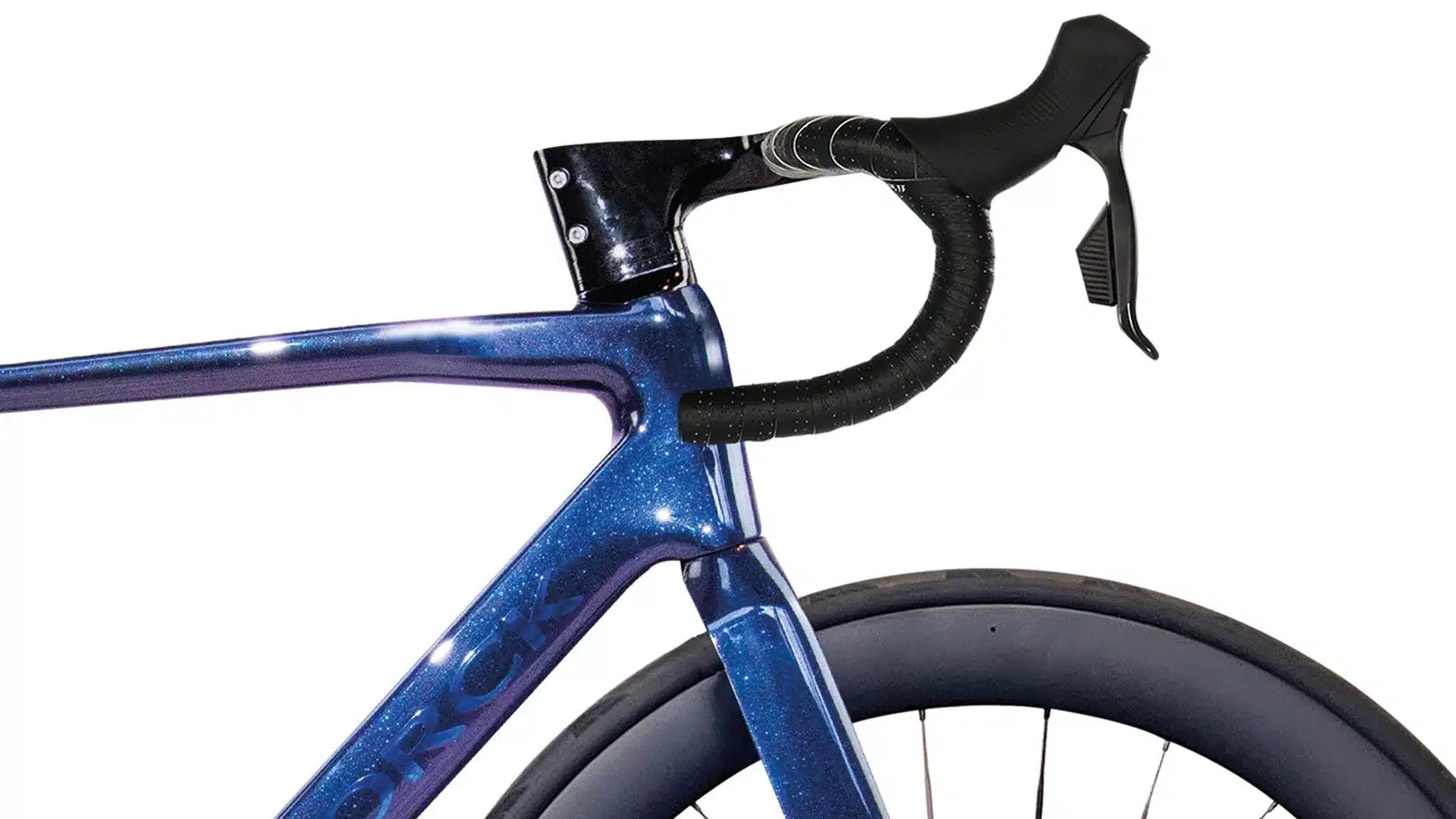 Nahaufnahme des blauen, glitzernden Rahmens eines Storck Fascenario.5 30th Edition Rennrads mit integriertem Lenker und einer schwarzen Lenkerbanderole.