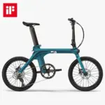 Seitenansicht des Fiido X faltbaren E-Bikes in Blau mit iF Design Award Logo