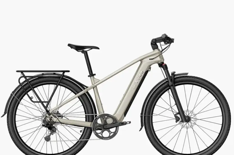 Fiido Nomads Touring E-Bike M23 in Seitenansicht mit 29-Zoll-Rädern, Aluminiumrahmen und Gepäckträger