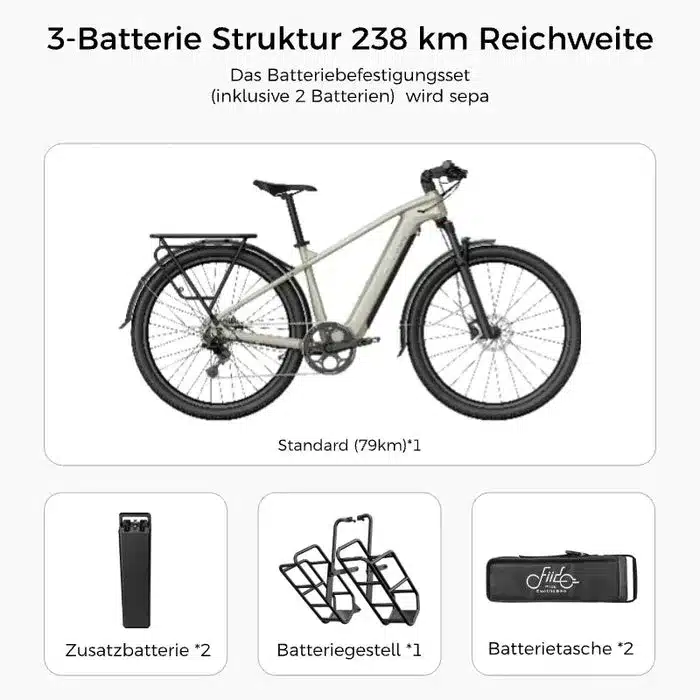 Fiido Nomads Touring E-Bike M23 mit Zubehör wie Zusatzbatterien, Batteriegestell und Batterietaschen