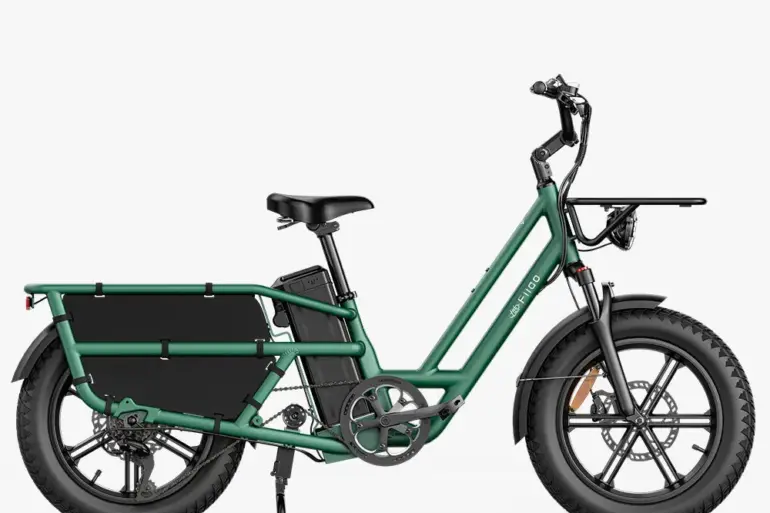 Fiido T2 Longtail Cargo E-Bike in Grün, Seitenansicht, mit Gepäckträger und breiten Reifen