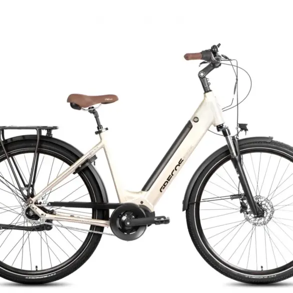 Cremefarbenes Grecos Eli 1.0 Ananda Mono E-Bike mit schwarzem Gepäckträger, Federgabel und braunem Sattel, freigestellt vor weißem Hintergrund.
