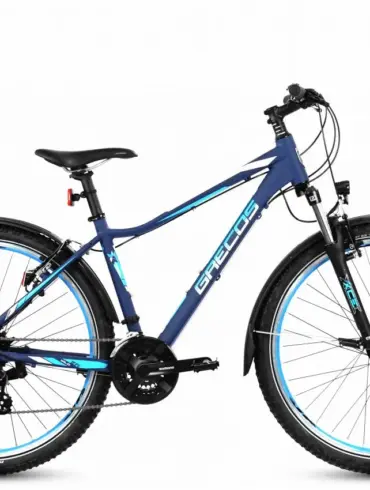 Ein dunkelblaues Grecos Wild Crossover Fahrrad mit Federgabel und Schutzblechen, fotografiert vor weißem Hintergrund.