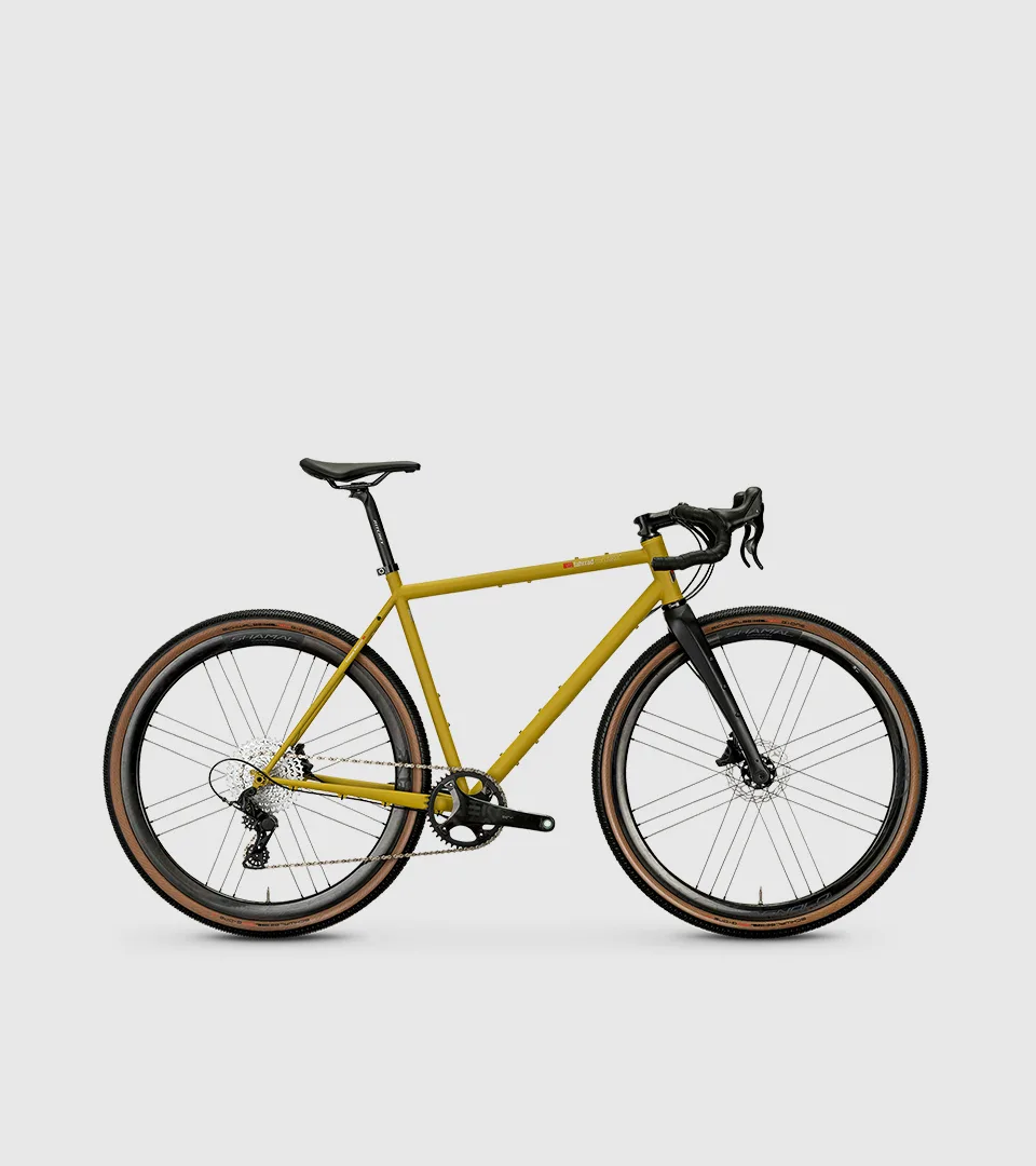 Gelbes vsf fahrradmanufaktur GX-1200 1st Edition Gravelbike mit Carbon-Gabel und Scheibenbremsen, Seitenansicht