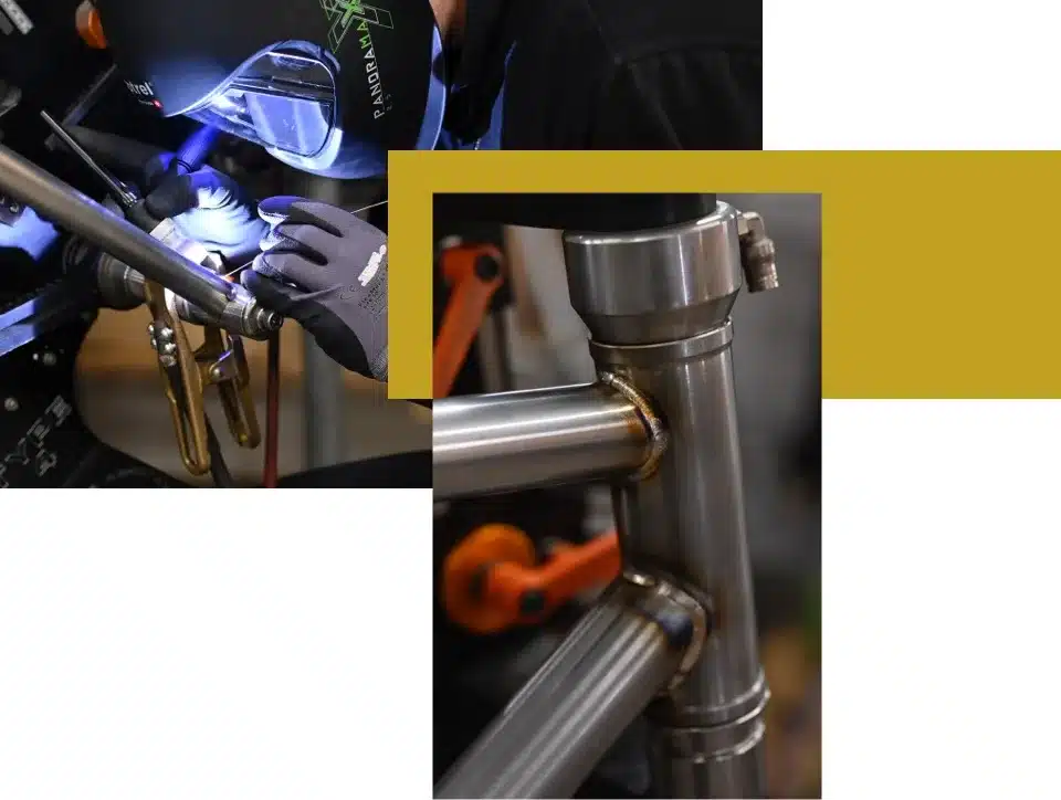 Facharbeiter schweißt einen Fahrradrahmen aus Stahl, Detailaufnahme der Schweißnähte und Rahmenrohre