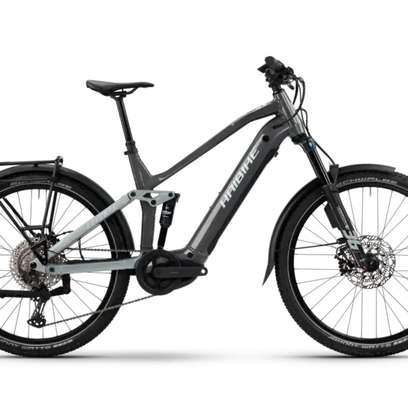 Haibike Adventr 11 ABS E-Bike mit Gepäckträger, Federgabel und Scheibenbremsen seitlich fotografiert