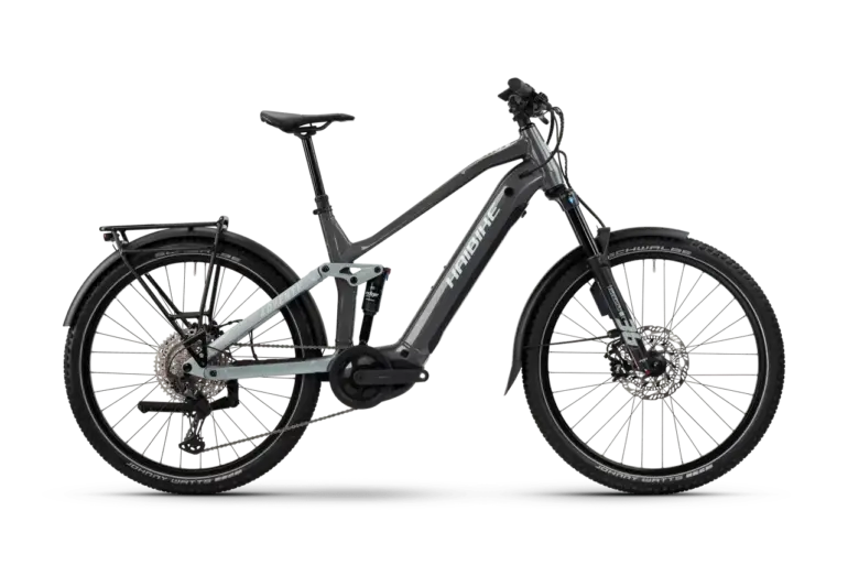 Haibike Adventr 11 ABS E-Bike mit Gepäckträger, Federgabel und Scheibenbremsen seitlich fotografiert