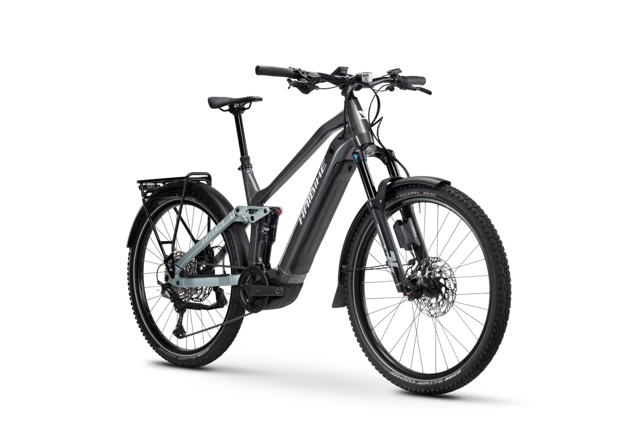 Haibike Adventr 11 ABS E-Bike in Seitenansicht mit Gepäckträger, Federung und breiten Reifen