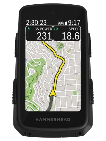 Hammerhead Karoo Fahrradcomputer mit Navigationskarte und Leistungsdaten auf dem Display
