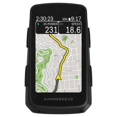 Hammerhead Karoo Fahrradcomputer mit Navigationskarte und Leistungsdaten auf dem Display