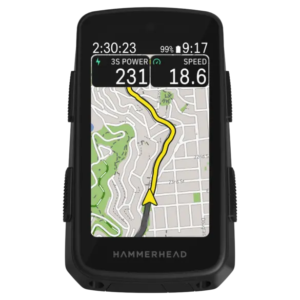 Hammerhead Karoo Fahrradcomputer mit Navigationskarte und Leistungsdaten auf dem Display